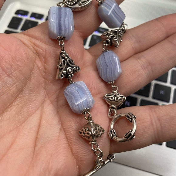 Artisan Made Pale Blue Lace Agate Silver Bali Beads Bracelet Toggle Clasp 8.25” - Picture 6 of 11